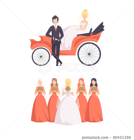 Wedding Ceremony Set, Newlyweds in Wedding Carriage and Bridesmaids Flat Vector Illustration Wedding Ceremony Set, Newlyweds in Wedding Carriage and Bridesmaids Flat Vector Illustration 80431398
