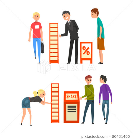 Promoters Advertising Products or Services to Walking People at Trade Show Set, Consultants Standing at Commercial Promotional Stands Cartoon Vector Illustration 80431400