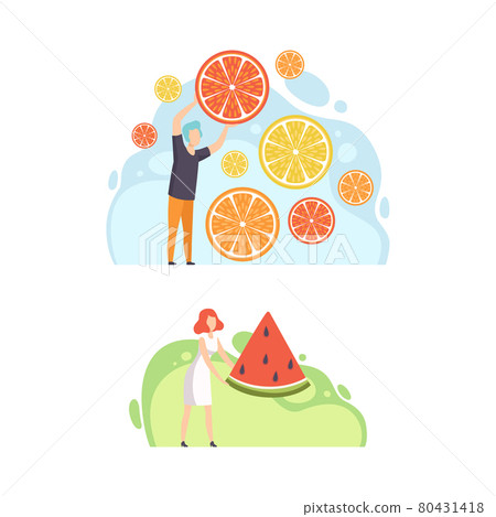 Tiny People Holding Slices of Fruits, Healthy Diet, Eco Natural Food Concept Cartoon Vector Illustration 80431418