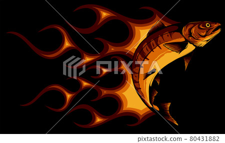 Jumping salmon fish with flames vector illustration 80431882