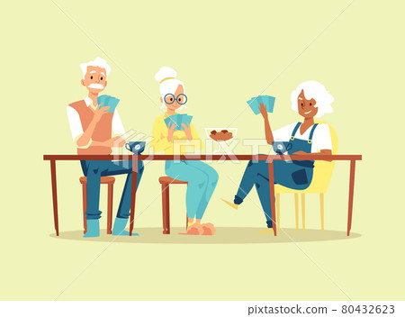 Old people play in card game sitting at table at home or retirement center. 80432623