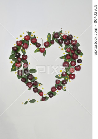 Heart Frame With Hello JulyText Ripe Red Cherries Heart Frame With Hello JulyText Ripe Red Cherries 80432919