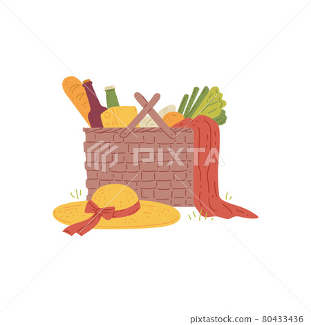Picnic basket with food and summer sun hat, flat vector illustration isolated. Picnic basket with food and summer sun hat, flat vector illustration isolated. 80433436