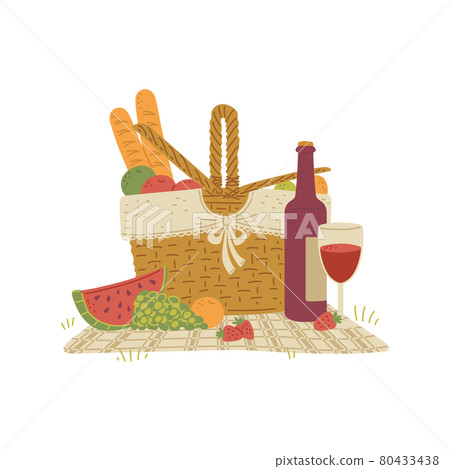Wicker picnic basket full fresh food for lunch outdoor a vector illustration. Wicker picnic basket full fresh food for lunch outdoor a vector illustration. 80433438