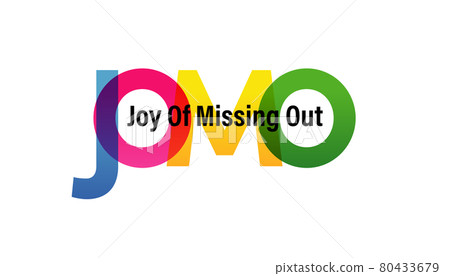 JOMO word vector illustration. Joy Of Missing Out. Colored rainbow text. Vector banner. Corporate concept. Gradient Text. Transparency Letters 80433679