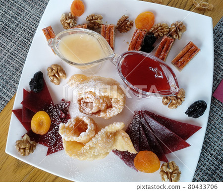 Various Sweets dried fruits, baklava in the cafe 80433706