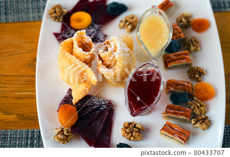Various Sweets dried fruits, baklava in the cafe 80433707