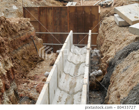 SELANGOR, MALAYSIA -DECEMBER 02, 2016: Precast concrete box culvert drain lay at the construction site. it is used to channel storm water to the nearest monsoon drain.  80433727