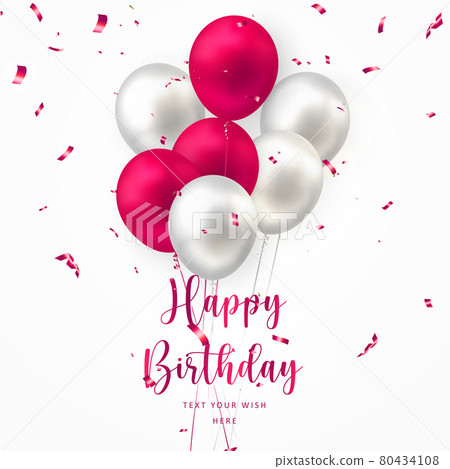 Elegant red silver white ballon and party popper ribbon Happy Birthday celebration card banner template 80434108
