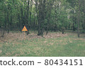 Red-yellow radiation sign on a lawn. Exclusion Zone. Chernobyl, Pripyat 80434151
