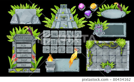 Stone UI game element set, tropical rock button kit, vector menu background, Aztec pyramid, liana Stone UI game element set, tropical rock button kit, vector menu background, Aztec pyramid, liana 80434162