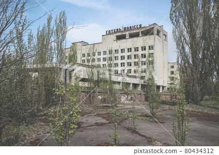 The inscription Hotel Polesie. Abandoned building in Pripyat. Radiated radiation hotel The inscription Hotel Polesie. Abandoned building in Pripyat. Radiated radiation hotel 80434312