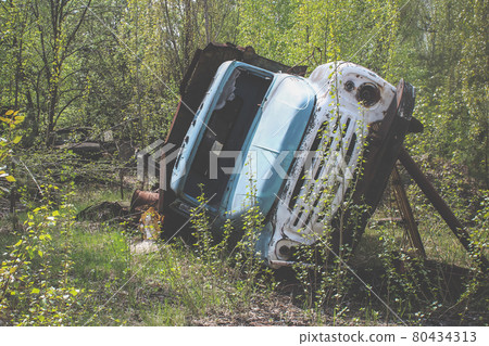 Upside-down Soviet truck. Abandoned car in Pripyat. Radiation Infected Technique Upside-down Soviet truck. Abandoned car in Pripyat. Radiation Infected Technique 80434313