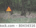 Red-yellow radiation sign on a lawn. Exclusion Zone. Chernobyl, Pripyat 80434316