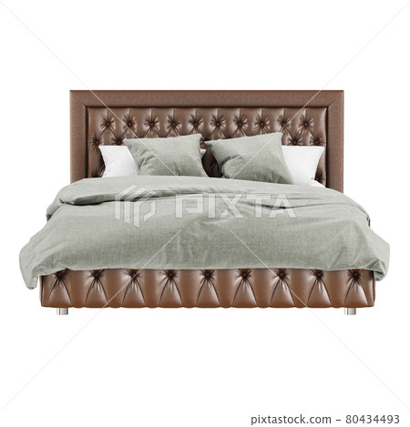 Classic-style bed with brown quilted leather upholstery and gray-white bedding on a white background. 3d rendering 80434493
