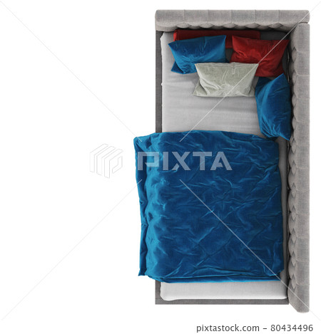 Children's quilted bed with pillows and a blue blanket on a white background. Top view. Copyspace. 3d rendering 80434496