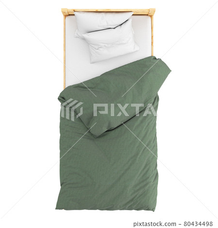 Wooden single bed with a white pillow and a green blanket on a white background. Top view. 3d rendering 80434498