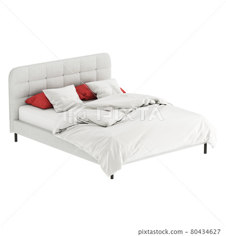 A double grey bed with a soft quilted headboard and red-white linen on a white background. Copyspace. 3d rendering A double grey bed with a soft quilted headboard and red-white linen on a white background. Copyspace. 3d rendering 80434627