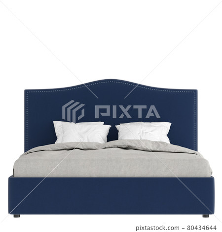 Double bed with blue upholstery and white and gray linen on a white background. Copyspace. 3d rendering 80434644