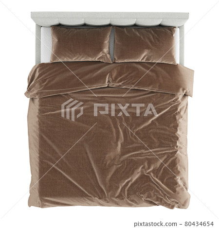 A double gray bed with a stitched fabric headboard and brown linen on a white background. Top view. 3d rendering A double gray bed with a stitched fabric headboard and brown linen on a white background. Top view. 3d rendering 80434654