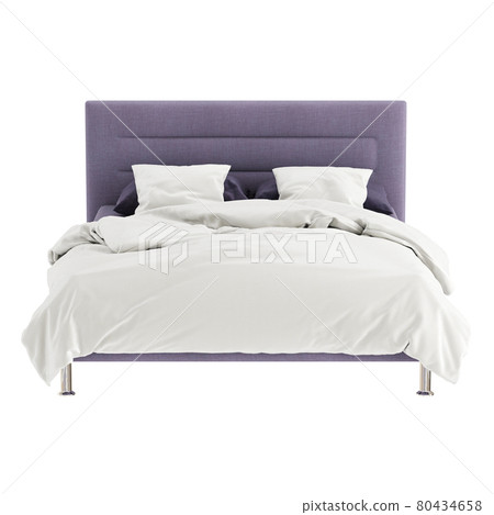 A double bed with soft fabric lilac upholstery and black and white linen on a white background. Front viev. 3d rendering A double bed with soft fabric lilac upholstery and black and white linen on a white background. Front viev. 3d rendering 80434658