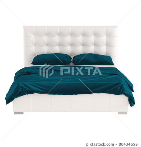 A double white leather bed with a high quilted headboard and dark turquoise linen on a white background. Front viev. 3d rendering A double white leather bed with a high quilted headboard and dark turquoise linen on a white background. Front viev. 3d rendering 80434659