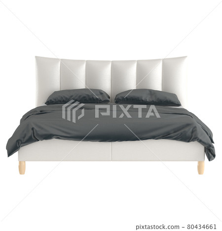 Double bed on wooden legs with pearl leather upholstery and gray bedding on a white background. 3d rendering. Double bed on wooden legs with pearl leather upholstery and gray bedding on a white background. 3d rendering. 80434661