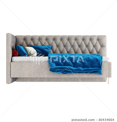 Children's quilted bed with pillows and a blue blanket on a white background. Front view. 3d rendering Children's quilted bed with pillows and a blue blanket on a white background. Front view. 3d rendering 80434664