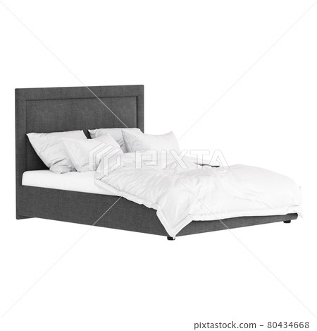 Gray soft double bed with fabric upholstery and white bedding on a white background. 3d rendering. Gray soft double bed with fabric upholstery and white bedding on a white background. 3d rendering. 80434668
