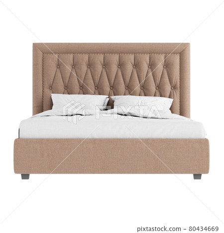 Double bed in a classic style with soft beige quilted upholstery and white bedding on a white background. Front view. 3d rendering Double bed in a classic style with soft beige quilted upholstery and white bedding on a white background. Front view. 3d rendering 80434669