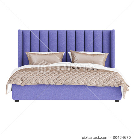 Double bed with soft lilac upholstery and creamy white bedding on a white background. Front view. 3d rendering Double bed with soft lilac upholstery and creamy white bedding on a white background. Front view. 3d rendering 80434670