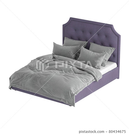 Soft lilac double bed with a high quilted headboard with gray bed linen on a white background. 3d rendering Soft lilac double bed with a high quilted headboard with gray bed linen on a white background. 3d rendering 80434675