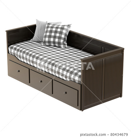 A wooden brown couch with two checkered pillows and a mattress on a white background. 3d rendering A wooden brown couch with two checkered pillows and a mattress on a white background. 3d rendering 80434679