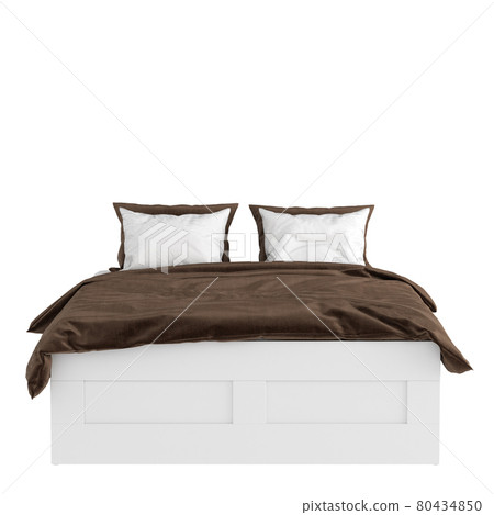 A white double bed with pillows and a blanket on a white background. 3d rendering 80434850