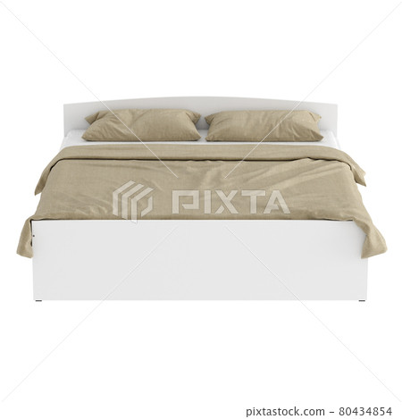 White wooden double bed with beige linen. Front view. 3d rendering White wooden double bed with beige linen. Front view. 3d rendering 80434854