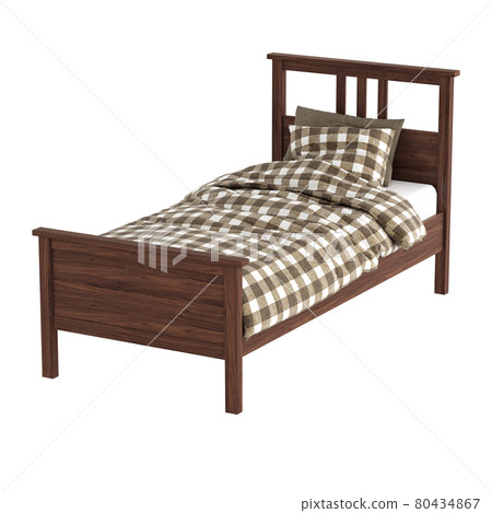 A wooden bed with a checkered blanket and a pillow on a white background. 3d rendering A wooden bed with a checkered blanket and a pillow on a white background. 3d rendering 80434867