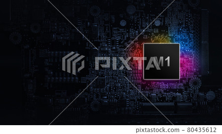 M1 processor chip. Network digital technology with computer cpu chip on dark motherboard background. Protect personal data and privacy from hacker cyberattack. M1 processor chip. Network digital technology with computer cpu chip on dark motherboard background. Protect personal data and privacy from hacker cyberattack. 80435612