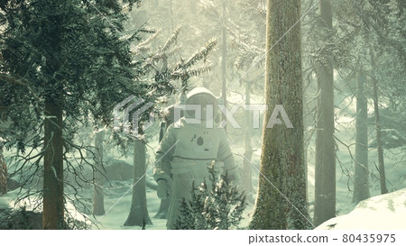 Astronaut exploring forest in snow 80435975