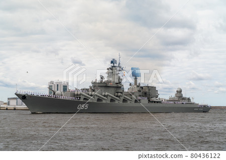 Russia. Kronstadt. The large missile cruiser Marshal Ustinov of Project 1164 passes near the coast of Kronstadt during the naval parade on July 25, 2021. Russia. Kronstadt. The large missile cruiser Marshal Ustinov of Project 1164 passes near the coast of Kronstadt during the naval parade on July 25, 2021. 80436122