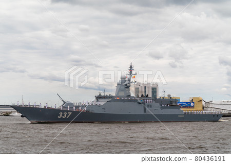 Russia. Kronstadt. The new military corvette Rattling project 20385 passes near Kronstadt during the naval parade on July 25, 2021. 80436191