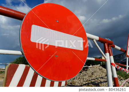 road sign - traffic is prohibited and road works, the road is closed for maintenance road sign - traffic is prohibited and road works, the road is closed for maintenance 80436261