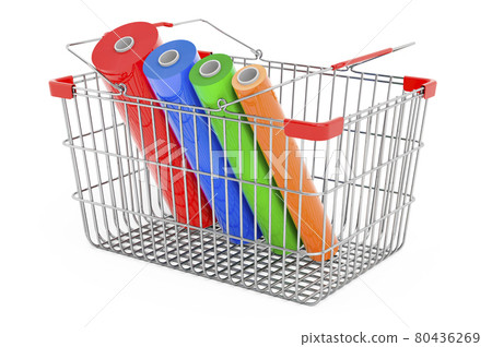 Shopping basket with Multicolor PVC Polythene Plastic Tape Rolls, 3D rendering 80436269