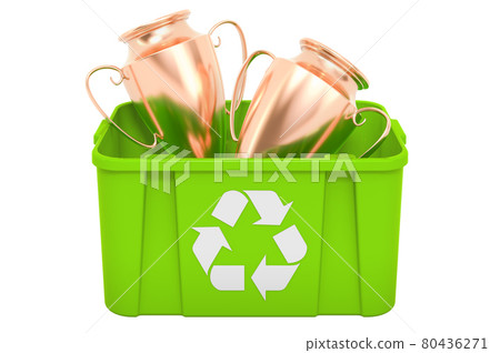 Recycling trashcan with golden trophy cup award, 3D rendering 80436271