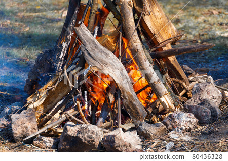 bonfire burning, bright sunny day, beautiful nature, travel, hiking and camping concept 80436328