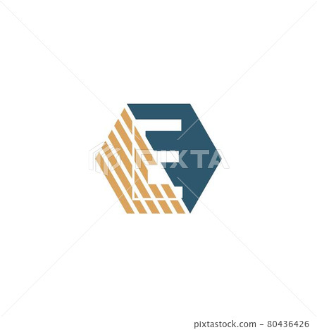 Letter E behind the hexagon with strip design Letter E behind the hexagon with strip design 80436426