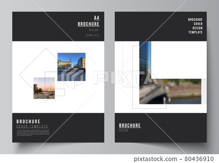 Vector layout of A4 format cover mockups design templates with geometric simple shapes, lines and photo place for brochure, flyer layout, booklet, cover design, book, brochure cover. Vector layout of A4 format cover mockups design templates with geometric simple shapes, lines and photo place for brochure, flyer layout, booklet, cover design, book, brochure cover. 80436910