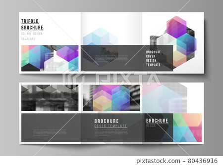 Vector layout of square format covers design templates with colorful hexagons, geometric shapes, tech background for trifold brochure, flyer, magazine, cover design, book design, brochure cover. 80436916