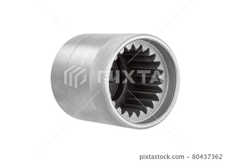 iron cup replacement details of polystyrol machine concrete pump with external thread and internal gear, spare part isolated on white background. iron cup replacement details of polystyrol machine concrete pump with external thread and internal gear, spare part isolated on white background. 80437362