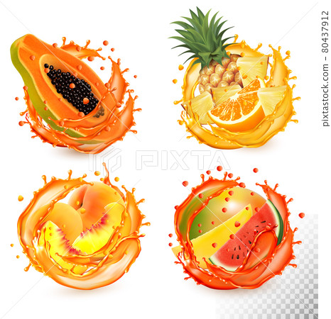 Set of fruit juice splash. Papaya, pineapple, orange, watermelon, peach, mango. Vector Set of fruit juice splash. Papaya, pineapple, orange, watermelon, peach, mango. Vector 80437912