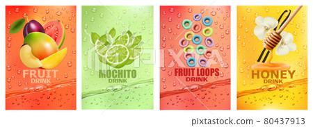 Set of labels with fruit and berry drink. Fresh fruits juice splashing together- cherry, vanilla, raspberry, blackberry, apricot juice drink splashing. 3d fresh fruits. Vector illustration Set of labels with fruit and berry drink. Fresh fruits juice splashing together- cherry, vanilla, raspberry, blackberry, apricot juice drink splashing. 3d fresh fruits. Vector illustration 80437913